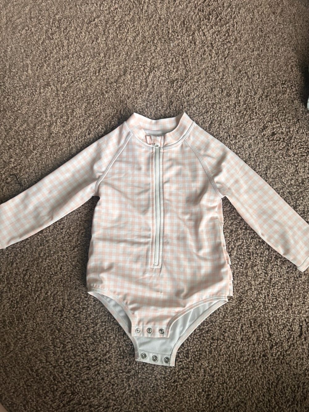 Janie and Jack Peach and White Gingham Long Sleeve One-Piece